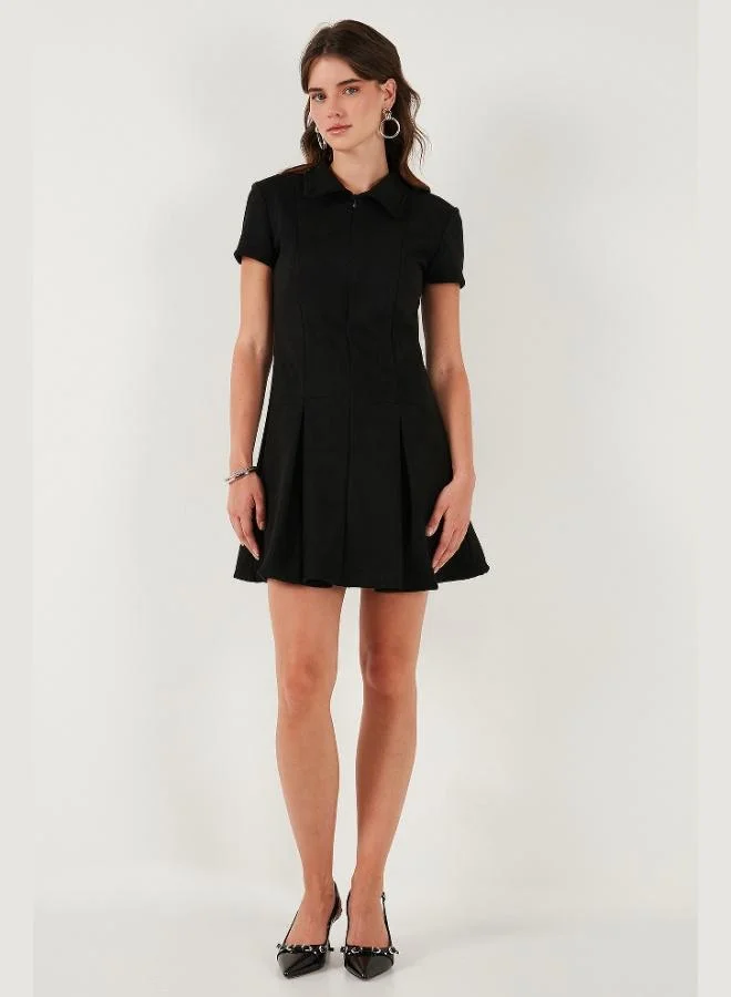 ليلا فستان نسائي قصير الأكمام بياقة بولو بسحاب من جلد السويد مطوي بقصة عادية من ليلا