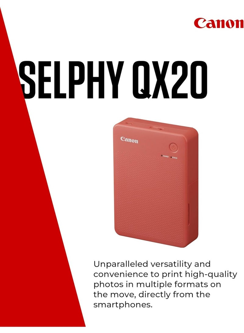 Canon SELPHY QX20 portable printer - for Wi-Fi printing straight from your smart device. Dye Sublimation, 2 sizes of peel and stick Prints and USB-C Charging - Red red - Image 2