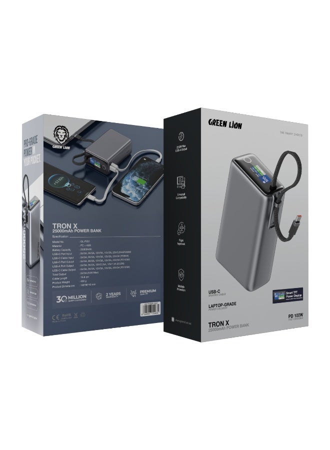 GREEN LION Tron X 25000mAh Power Bank with Smart Power Display & PD 100W / USB-C & USB-A Ports / Flight-Approved / Built-in USB-C Cable / Fast Charge Support / Multiple Protection / Powerbank Flight Approved - Grey - Image 5