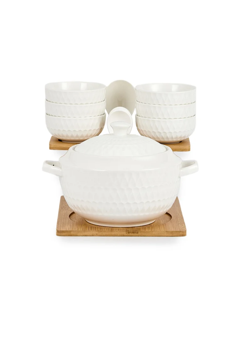 شالو Shallow Porcelain Bamboo 1 Soup Pot, 1 Soup Spoon, 6 Bowls & 6 Spoons with Stand, White & Brown