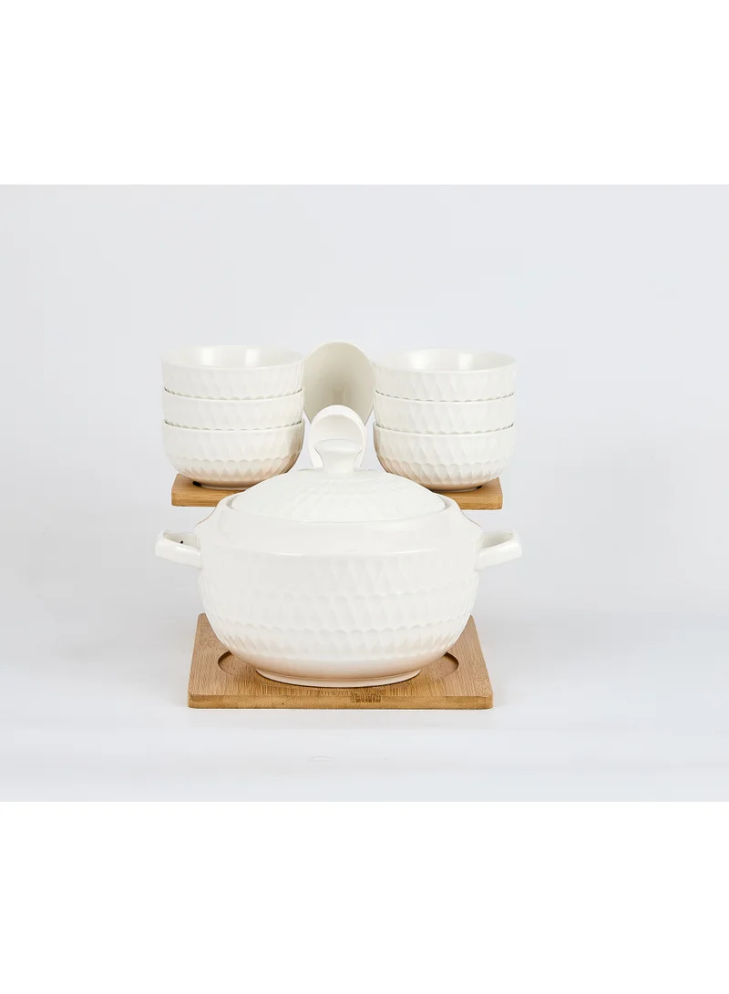 شالو Shallow Porcelain Bamboo 1 Soup Pot, 1 Soup Spoon, 6 Bowls & 6 Spoons with Stand, White & Brown