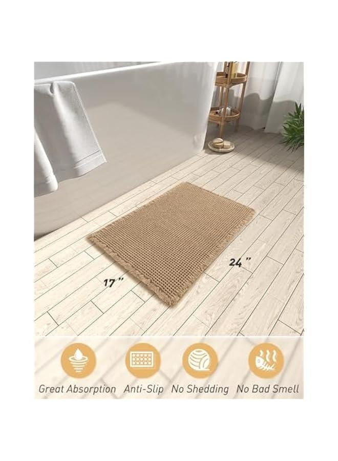 Upgraded Waffle Bath Mat, Super Absorbent Non Slip Bath Mats for Bathroom Floor, Machine Washable Bathroom Rugs with Tassels, Rubber Backed Bathroom Mats, Ultra Soft, 17 x 24, Brown  - Image 2