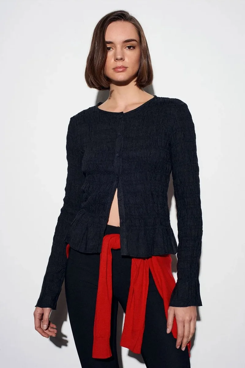 Dilvin Black DILVIN Textured Knit Button-Front Blouse for Women | Best Price UAE