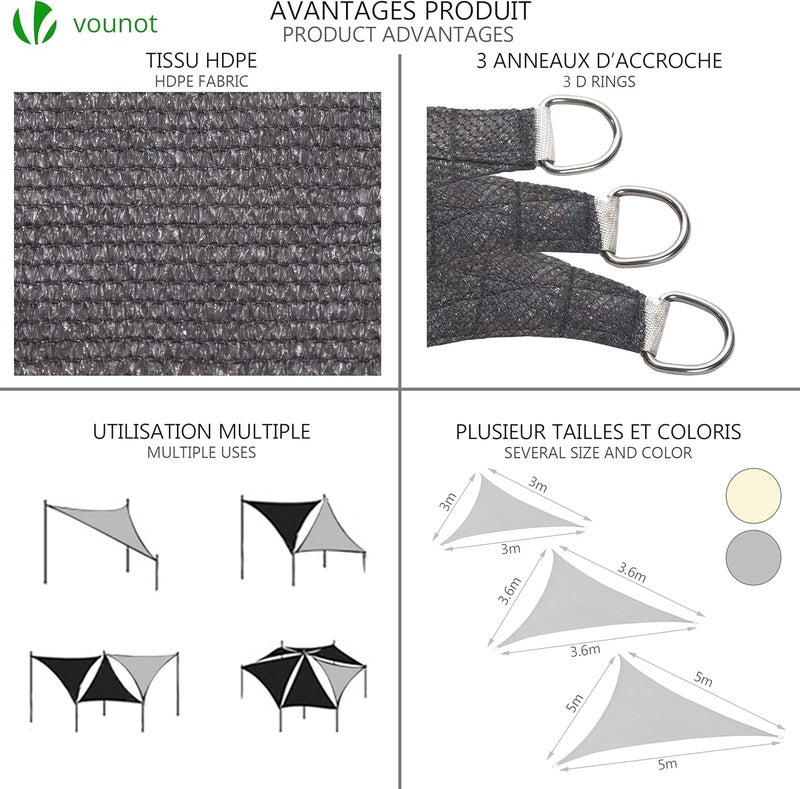 VOUNOT مظلة شمسية مثلثة 3x3x3 متر مع مجموعة تثبيت، HDPE، حماية من الأشعة فوق البنفسجية، مظلة قابلة للتنفس للحديقة والفناء الخارجي، رمادي 21783491870820 - Image 4