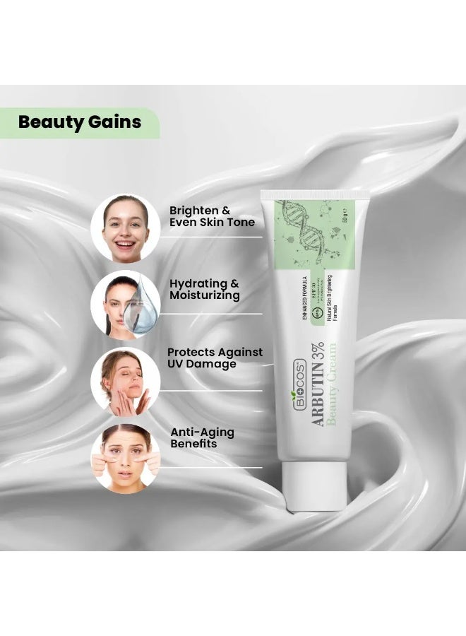 BIOCOS COSMETICS Arbutin Cream 3% With Glycolic Acid, Kojic Acid, Hyaluronic Acid & Licorice Extract | Pigmentation Cream For Face With SPF 30 | 50g Pack of 2 - Image 2