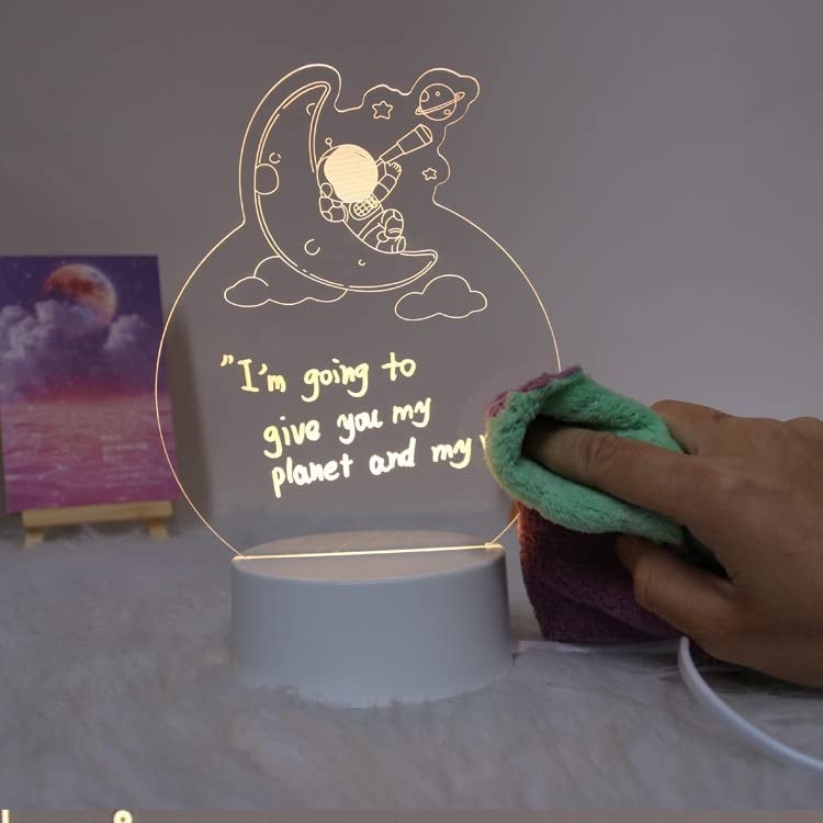 Inditradition 3D Acrylic Creative Message Board with LED Light Base Holder, with Writing Pen & Cloth (Transparent, Planet Cloud Shape, 5.5x4.5 Inches) - Image 3