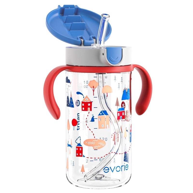 Evorie Tritan Spill Proof Toddler Straw Sippy Cup, 10 oz for Baby and Toddlers 1-3 Years Old, No Spill Straw Water Bottle with Removable Handles, Ideal for School, BPA-Free, Happy Valley - Image 1