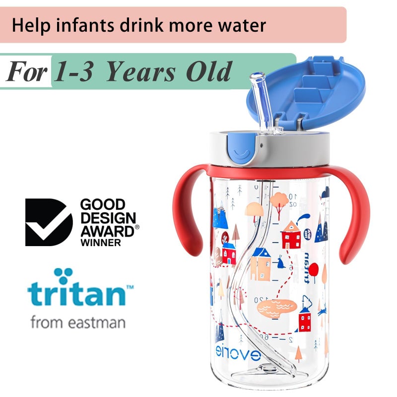 Evorie Tritan Spill Proof Toddler Straw Sippy Cup, 10 oz for Baby and Toddlers 1-3 Years Old, No Spill Straw Water Bottle with Removable Handles, Ideal for School, BPA-Free, Happy Valley - Image 2
