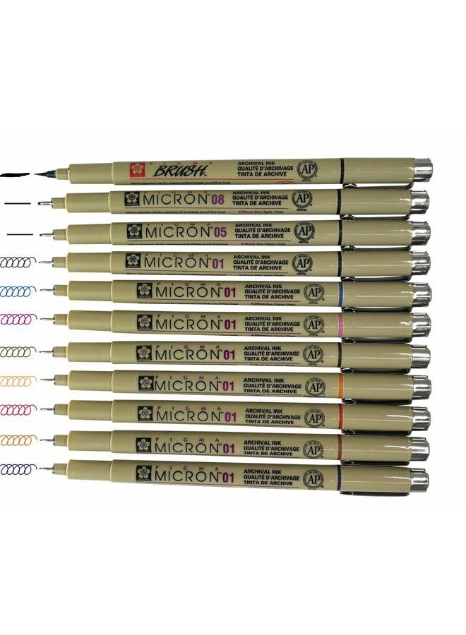Sakura Pigma Micron Artist pens 12 Fineliner Archival Ink Black & Colors, 8 Assorted Colors with 4 Black (01, 05, 08, Brush Pen) - Image 1