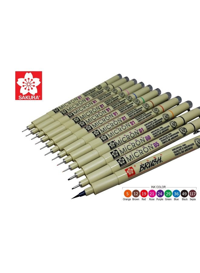Sakura Pigma Micron Artist pens 12 Fineliner Archival Ink Black & Colors, 8 Assorted Colors with 4 Black (01, 05, 08, Brush Pen) - Image 2