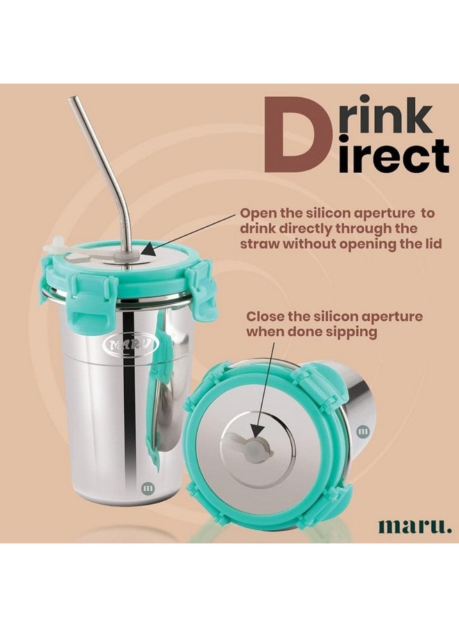 MARU كوب مارو المصنوع من الفولاذ المقاوم للصدأ سعة 400 مل - أكواب شرب متينة، مقاومة للتسرب وقابلة للحمل مع أغطية، قشات قابلة لإعادة الاستخدام وفرشاة تنظيف - كوب زجاجي فولاذي مثالي للسفر، المكتب والمنزل، لون أخضر بحري - Image 5