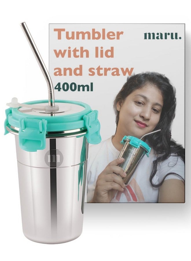 MARU كوب مارو المصنوع من الفولاذ المقاوم للصدأ سعة 400 مل - أكواب شرب متينة، مقاومة للتسرب وقابلة للحمل مع أغطية، قشات قابلة لإعادة الاستخدام وفرشاة تنظيف - كوب زجاجي فولاذي مثالي للسفر، المكتب والمنزل، لون أخضر بحري - Image 1