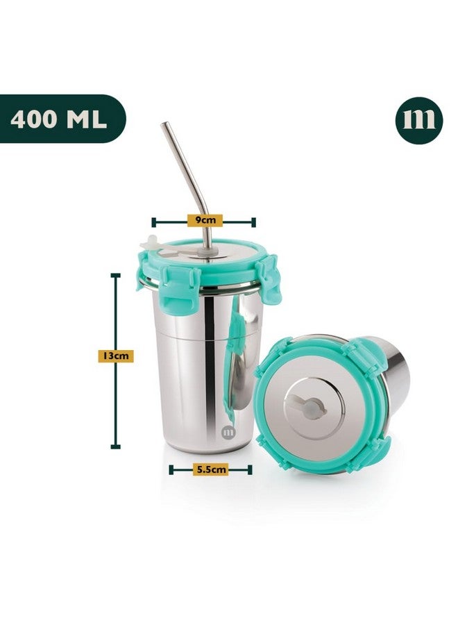 MARU كوب مارو المصنوع من الفولاذ المقاوم للصدأ سعة 400 مل - أكواب شرب متينة، مقاومة للتسرب وقابلة للحمل مع أغطية، قشات قابلة لإعادة الاستخدام وفرشاة تنظيف - كوب زجاجي فولاذي مثالي للسفر، المكتب والمنزل، لون أخضر بحري - Image 2