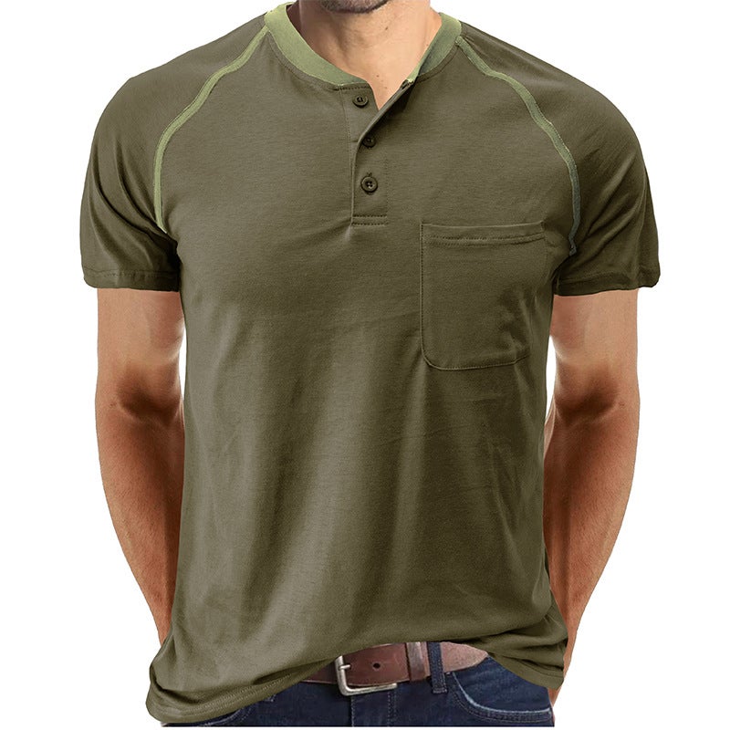 2023 Summer Men'S Short Sleeve Men'S T-Shirt Men'S Henry Shirt Color Matching T-Shirt Men'S - Image 1