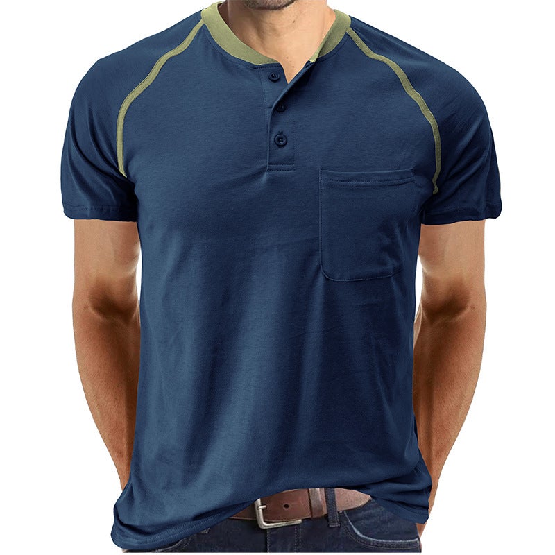 2023 Summer Men'S Short Sleeve Men'S T-Shirt Men'S Henry Shirt Color Matching T-Shirt Men'S - Image 2
