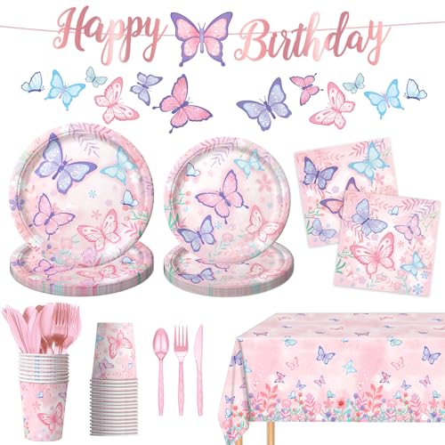 LINHAXM 178 PCS Butterfly Birthday Party Supplies Disposable Paper Plates, Napkins, Cups, Cutlery, Tablecloth, Banner, and Hanging Swirl for Butterfly Birthday Decorations, Serves 25 - Image 1
