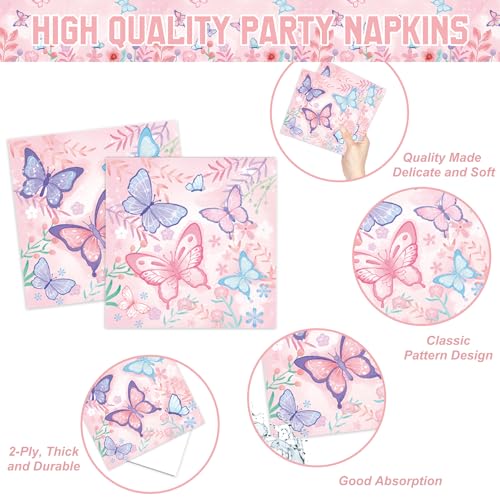 LINHAXM 178 PCS Butterfly Birthday Party Supplies Disposable Paper Plates, Napkins, Cups, Cutlery, Tablecloth, Banner, and Hanging Swirl for Butterfly Birthday Decorations, Serves 25 - Image 4