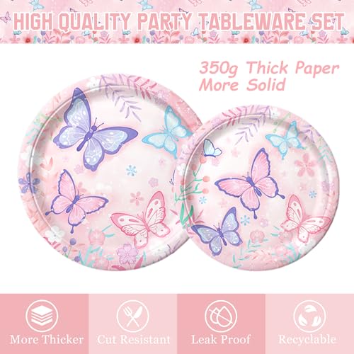 LINHAXM 178 PCS Butterfly Birthday Party Supplies Disposable Paper Plates, Napkins, Cups, Cutlery, Tablecloth, Banner, and Hanging Swirl for Butterfly Birthday Decorations, Serves 25 - Image 3