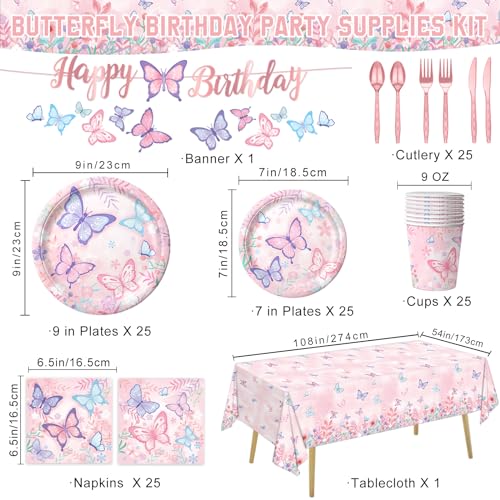 LINHAXM 178 PCS Butterfly Birthday Party Supplies Disposable Paper Plates, Napkins, Cups, Cutlery, Tablecloth, Banner, and Hanging Swirl for Butterfly Birthday Decorations, Serves 25 - Image 2