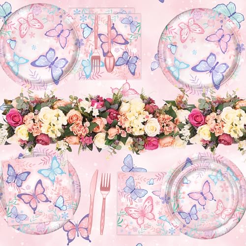 LINHAXM 178 PCS Butterfly Birthday Party Supplies Disposable Paper Plates, Napkins, Cups, Cutlery, Tablecloth, Banner, and Hanging Swirl for Butterfly Birthday Decorations, Serves 25 - Image 5