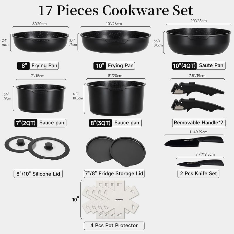 Jeetee Pots and Pans Set Non Stick 17pcs, Kitchen Cookware Sets with Detachable Handle, Induction Nonstick Cookware Set with Removable Handle, Stackable RV Cookware, Oven Safe, PFOA Free, Black - Image 2