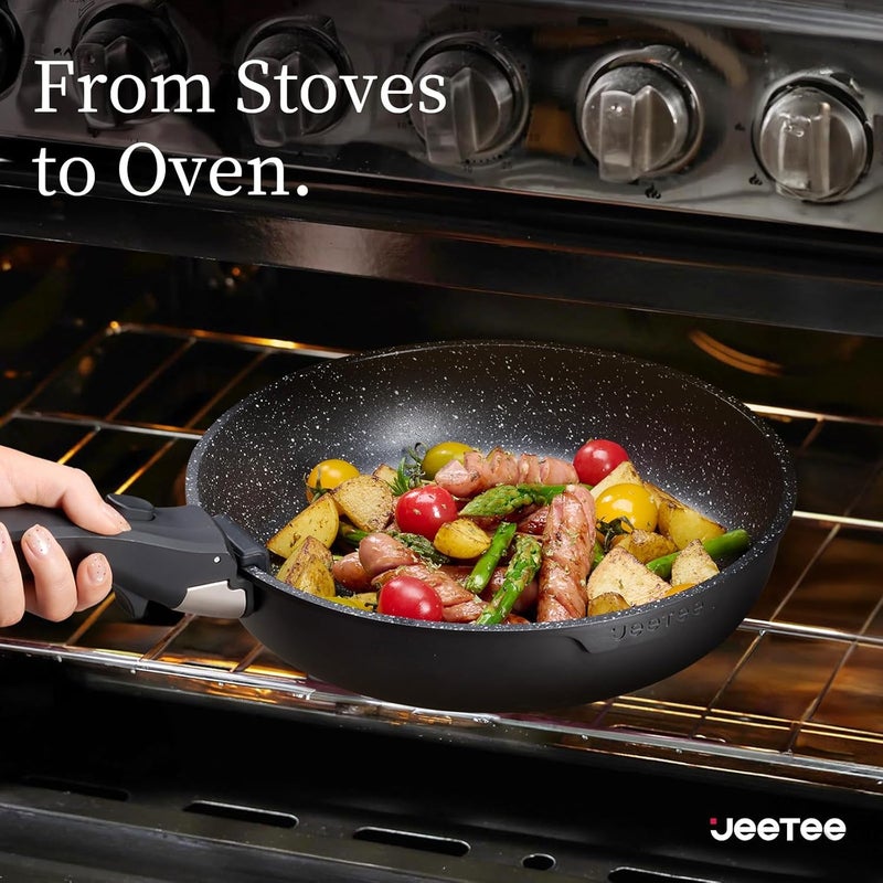 Jeetee Pots and Pans Set Non Stick 17pcs, Kitchen Cookware Sets with Detachable Handle, Induction Nonstick Cookware Set with Removable Handle, Stackable RV Cookware, Oven Safe, PFOA Free, Black - Image 4