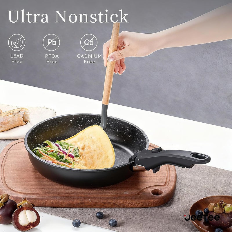Jeetee Pots and Pans Set Non Stick 17pcs, Kitchen Cookware Sets with Detachable Handle, Induction Nonstick Cookware Set with Removable Handle, Stackable RV Cookware, Oven Safe, PFOA Free, Black - Image 3