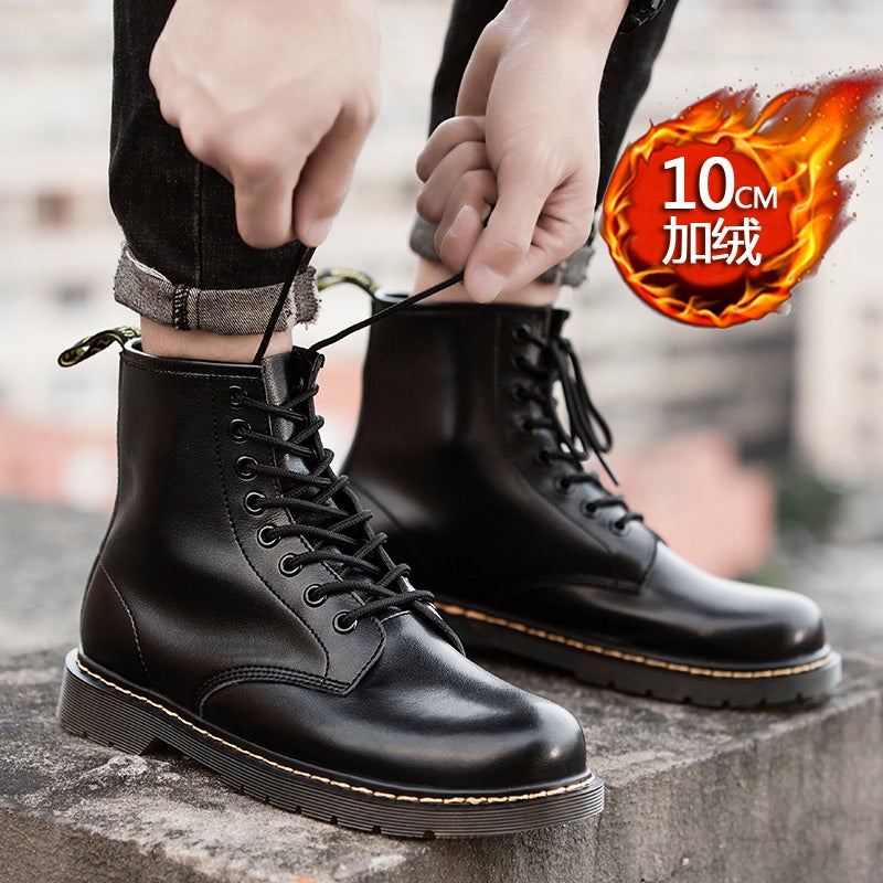 Martin Boots Men''s Inner Height Increase 12cm10cm New Men''s High-top Workwear Boots British Middle-top Black Leather Boots - Image 1