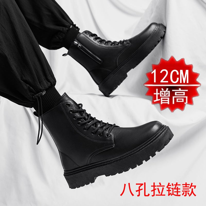 Martin Boots Men''s Inner Height Increase 12cm10cm New Men''s High-top Workwear Boots British Middle-top Black Leather Boots - Image 5