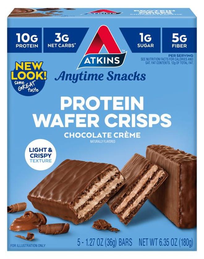 Atkins رقائق الوافر بالبروتين بنكهة الشوكولاتة، حلوى بروتين، 4 جرام كربوهيدرات صافية، 1 جرام سكر، غنية بالألياف، مناسبة للكيتو، 5 قطع - Image 1