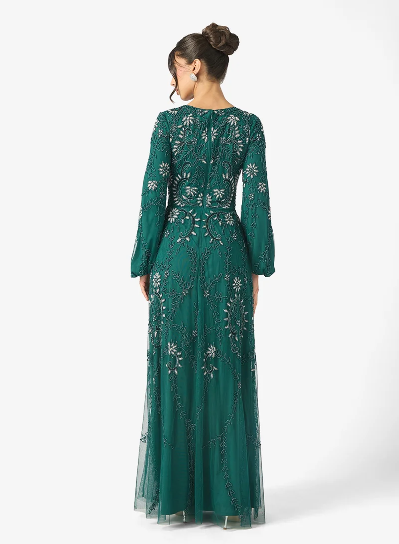 MARYISA Talia  Modest Embellished Sequin Cuff Sleeve Maxi Dress