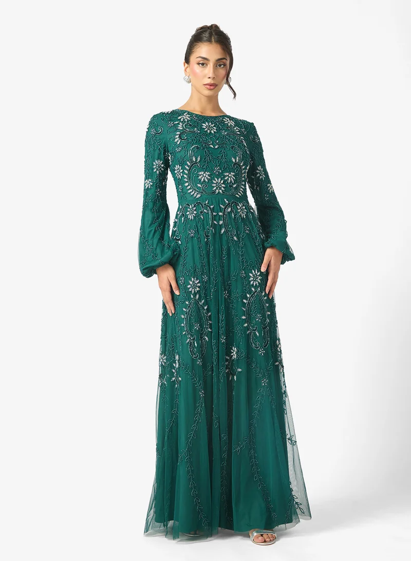 MARYISA Talia  Modest Embellished Sequin Cuff Sleeve Maxi Dress