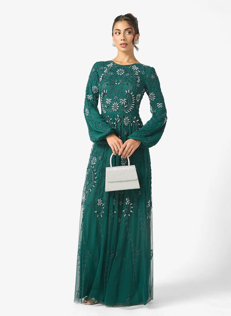 MARYISA Talia  Modest Embellished Sequin Cuff Sleeve Maxi Dress