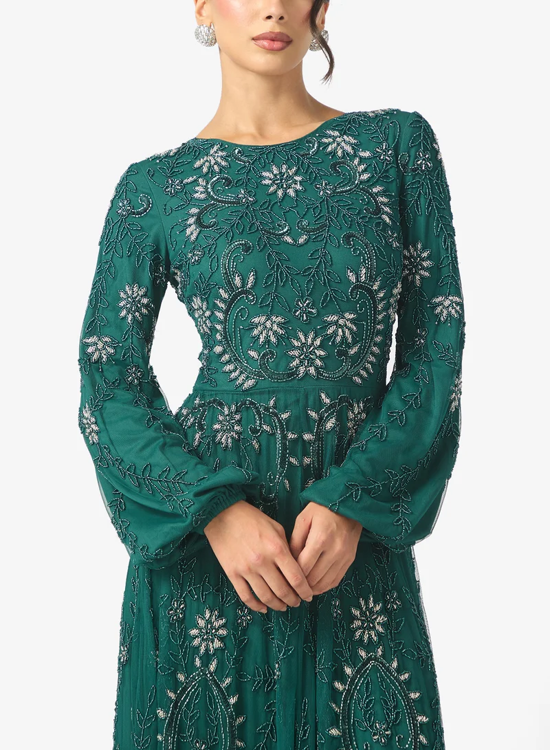 MARYISA Talia  Modest Embellished Sequin Cuff Sleeve Maxi Dress