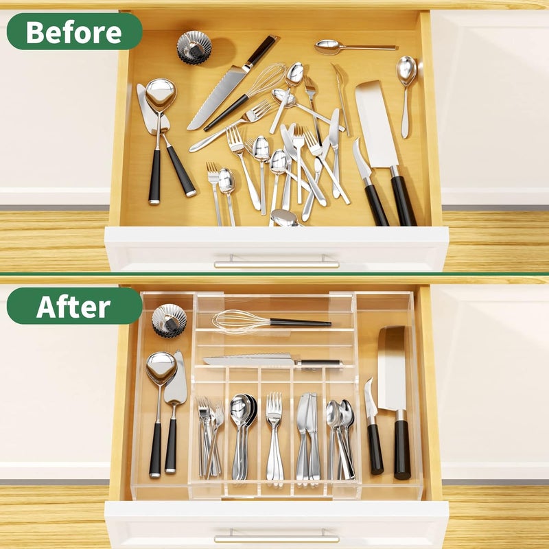 NIUBEE Acrylic Kitchen Drawer Organizer for Flatware and Utensils, Expandable Silverware Organizer and Cutlery Tray for Kitchen, Office,Bathroom Supplies, Clear 21" - Image 4