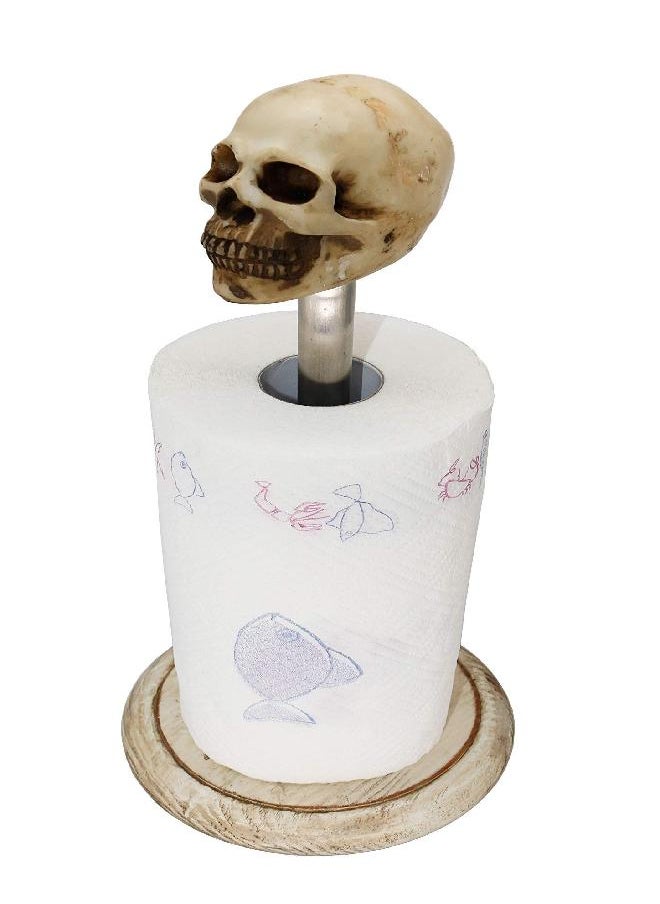 Rustic White Wood Skull Stand Up Paper Towel Holder, Easy One-Handed Tear Kitchen Paper Towel Dispenser with Weighted Base for Standard Paper Towel Rolls,Rustic White