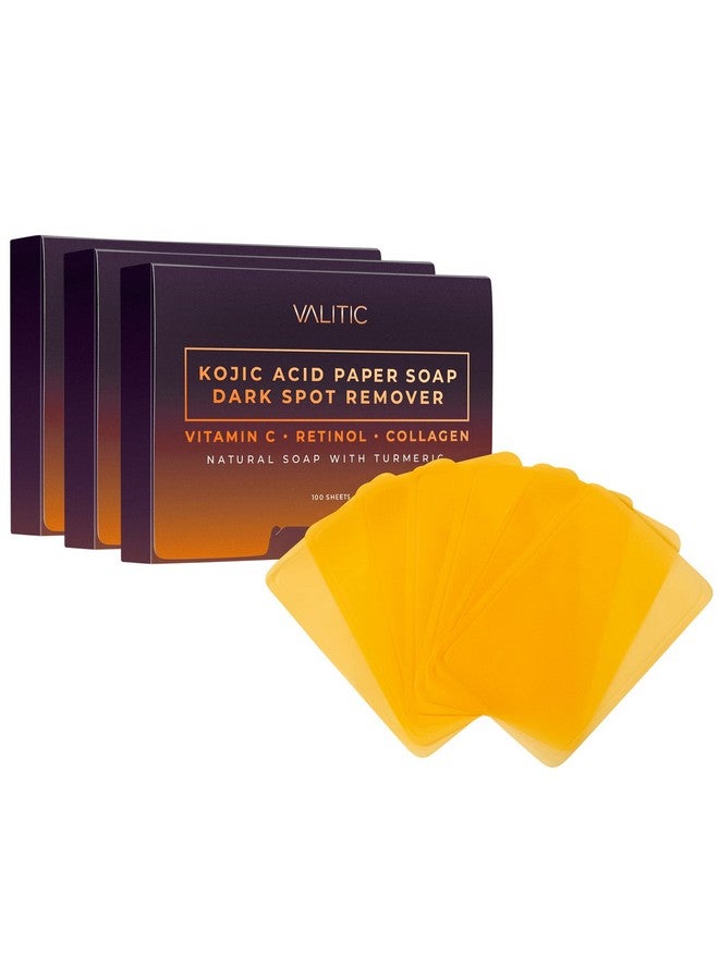 VALITIC Turmeric Kojic Acid Cleansing Soap Melting Sheets - Dark Spot Corrector Paper Soap - 100 Travel Size Facial Exfoliating Sheets With Vitamin C, Retinol, Collagen - 3 Pack - Image 1