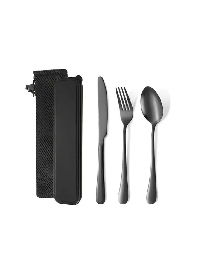 Black Portable Steak Cutlery Set Knife Fork Spoon Travel Case Camping Picnic BBQ - Image 1