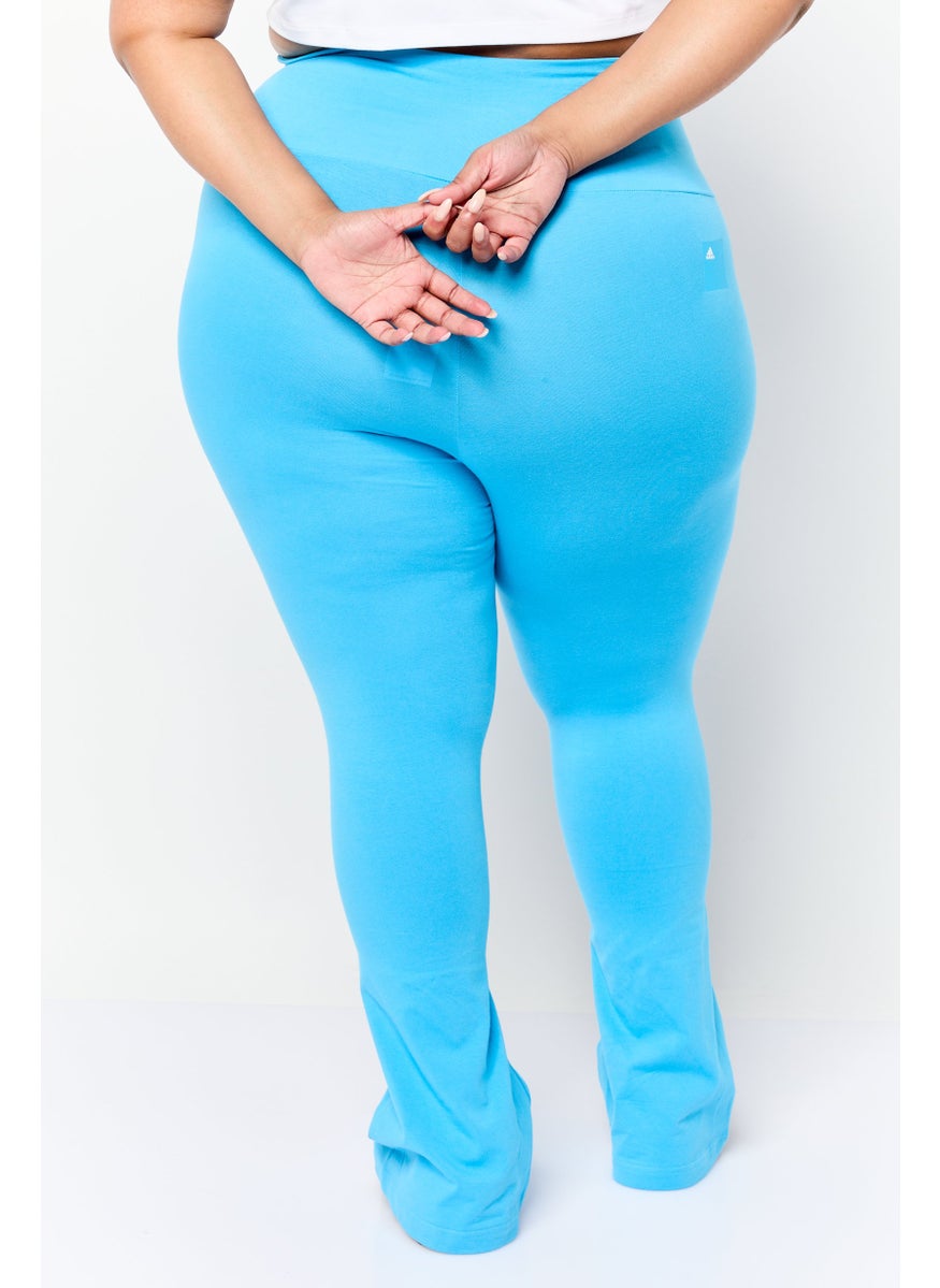 Adidas - Women Plus Size Brand Logo Training Flared Leggings, Blue - Image 1