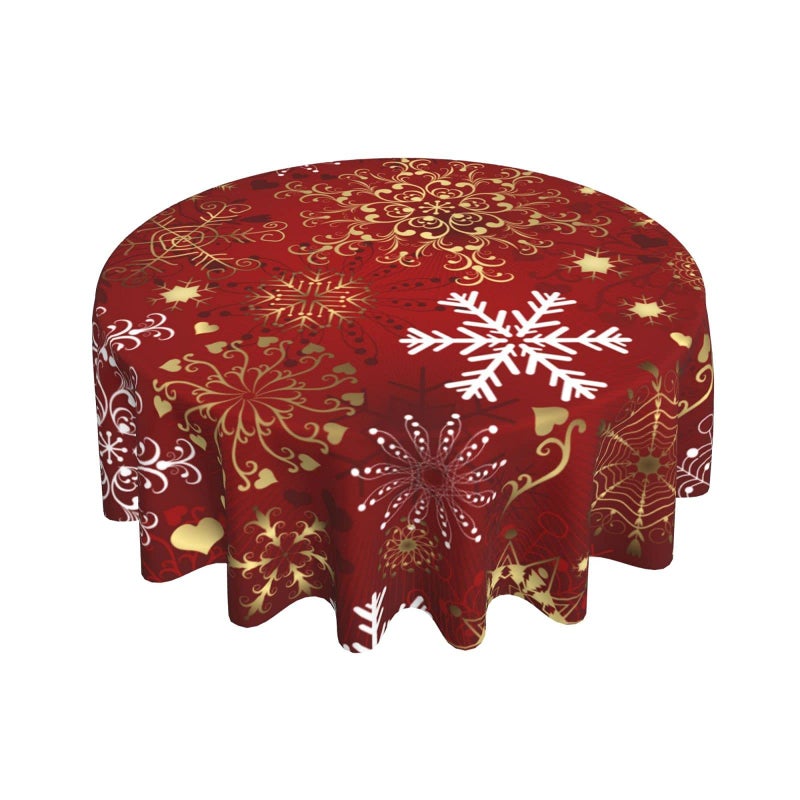 Sweetshow Merry Christmas Round Tablecloth 60 Inch Winter Gold White Snowflake Decorative Round Table Cloth with DustProof Wrinkle Resistant for Home Kitchen Dining Room Patio Outdoor Picnic Party