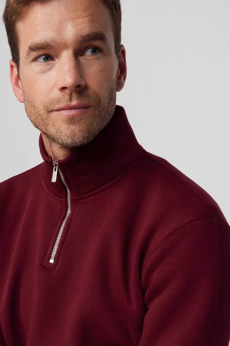 تودورس Cotton Stand Collar Zippered Claret Red Unisex Sweatshirt