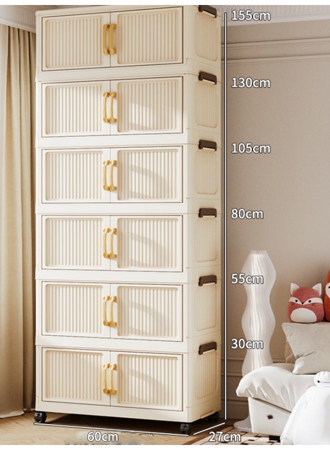 كوزينيست خزانة تخزين بلاستيكية قابلة للطي بـ 6 طبقات مع مقابض وأبواب مزدوجة مغناطيسية وعجلات، عرض 60 سم باللون الأبيض الكريمي، قابلة للتكديس لتنظيم الملابس والألعاب والكتب واللوازم المكتبية - Image 1