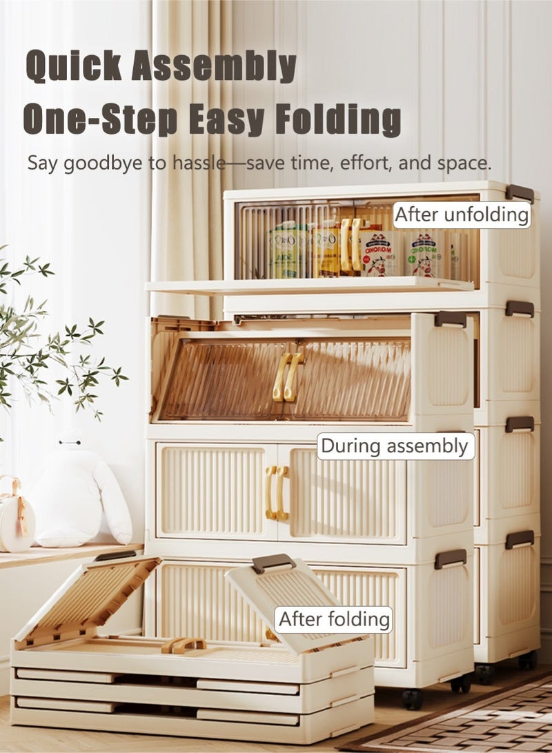 كوزينيست خزانة تخزين بلاستيكية قابلة للطي بـ 6 طبقات مع مقابض وأبواب مزدوجة مغناطيسية وعجلات، عرض 60 سم باللون الأبيض الكريمي، قابلة للتكديس لتنظيم الملابس والألعاب والكتب واللوازم المكتبية - Image 4