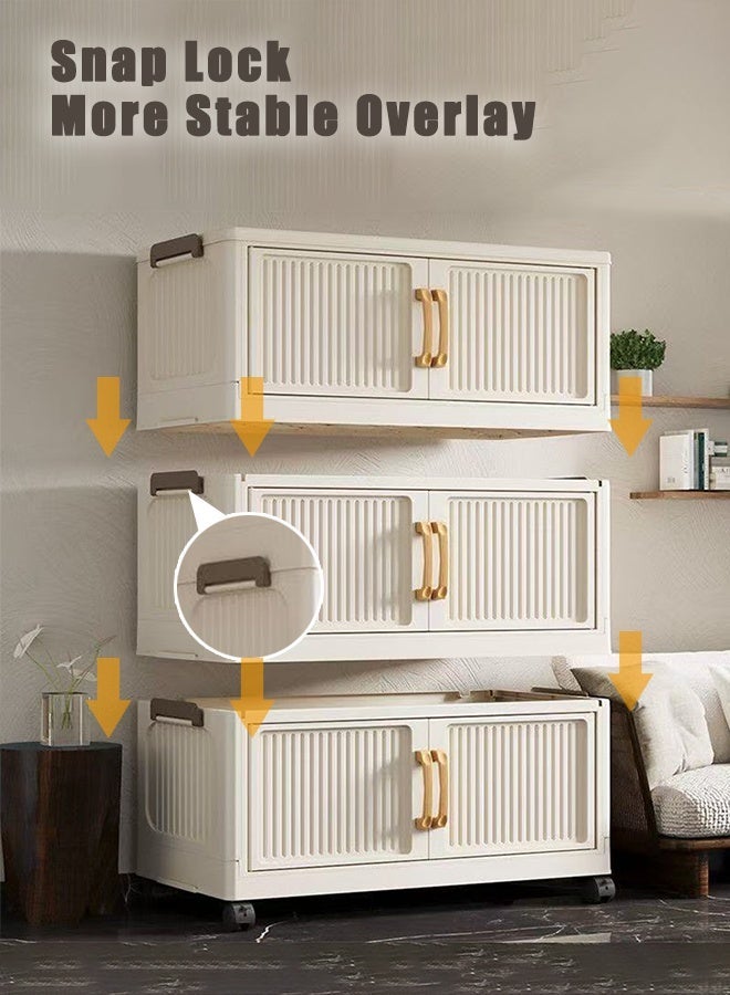كوزينيست خزانة تخزين بلاستيكية قابلة للطي بـ 6 طبقات مع مقابض وأبواب مزدوجة مغناطيسية وعجلات، عرض 60 سم باللون الأبيض الكريمي، قابلة للتكديس لتنظيم الملابس والألعاب والكتب واللوازم المكتبية - Image 2