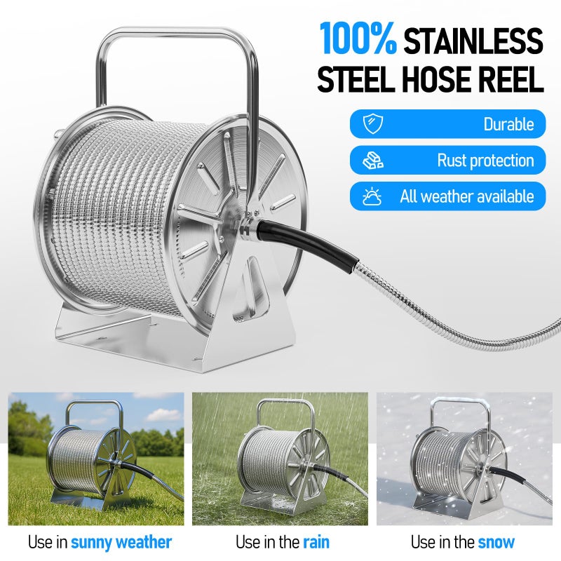 SPECILITE Stainless Steel Garden Hose Reel with 100FT Drinking Water Hose and 6.2FT Leader Pipe, Wall/Floor Mounted Metal Spool with Crank Handle, UV Resistant for Outside, Yard, Patio - Image 2