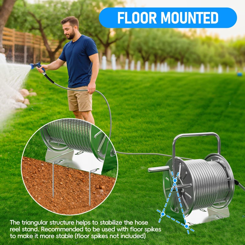 SPECILITE Stainless Steel Garden Hose Reel with 100FT Drinking Water Hose and 6.2FT Leader Pipe, Wall/Floor Mounted Metal Spool with Crank Handle, UV Resistant for Outside, Yard, Patio - Image 4