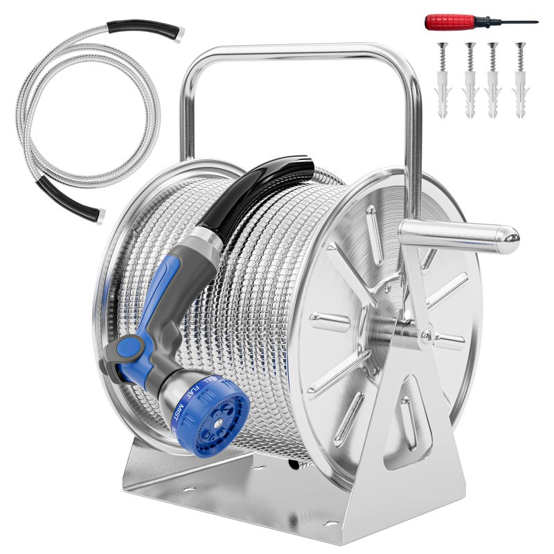 SPECILITE Stainless Steel Garden Hose Reel with 100FT Drinking Water Hose and 6.2FT Leader Pipe, Wall/Floor Mounted Metal Spool with Crank Handle, UV Resistant for Outside, Yard, Patio - Image 1