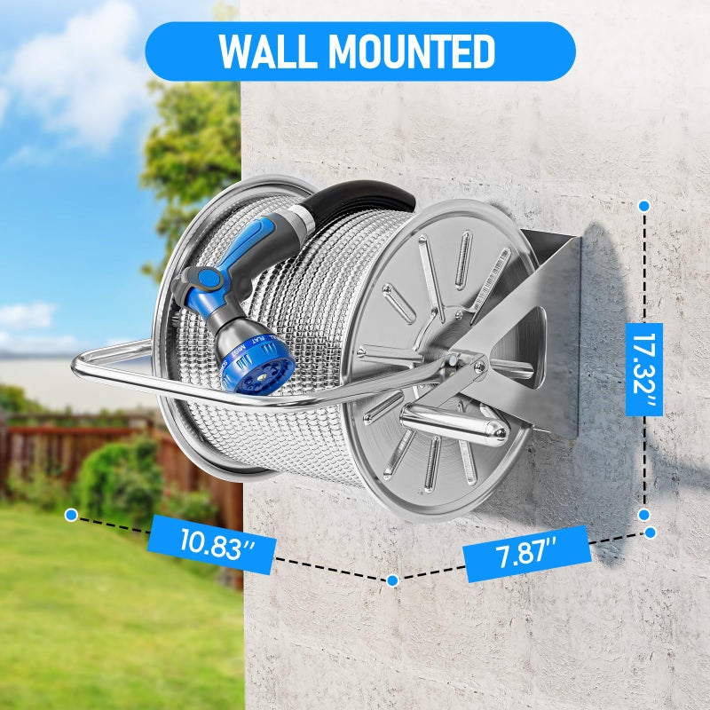 SPECILITE Stainless Steel Garden Hose Reel with 100FT Drinking Water Hose and 6.2FT Leader Pipe, Wall/Floor Mounted Metal Spool with Crank Handle, UV Resistant for Outside, Yard, Patio - Image 3