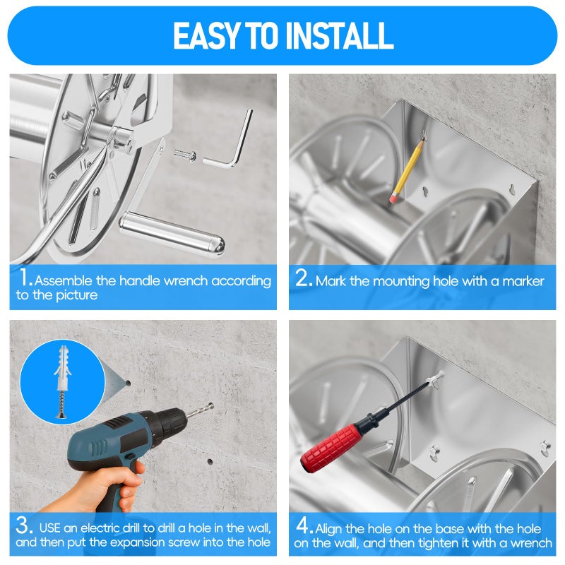 SPECILITE Stainless Steel Garden Hose Reel with 100FT Drinking Water Hose and 6.2FT Leader Pipe, Wall/Floor Mounted Metal Spool with Crank Handle, UV Resistant for Outside, Yard, Patio - Image 5