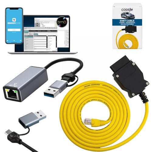 Reloot ENET Cable BMW + USB-C + USB A Adapter | OEM OBD2 for BMW F G i Series Coding | E SYS ISTA+ ICOM Bootmod3 Bimmercode Compatible | Heavy Duty Cable | For CarPlay Activation, OBD2 to Ethernet 3 in 1 - Image 1